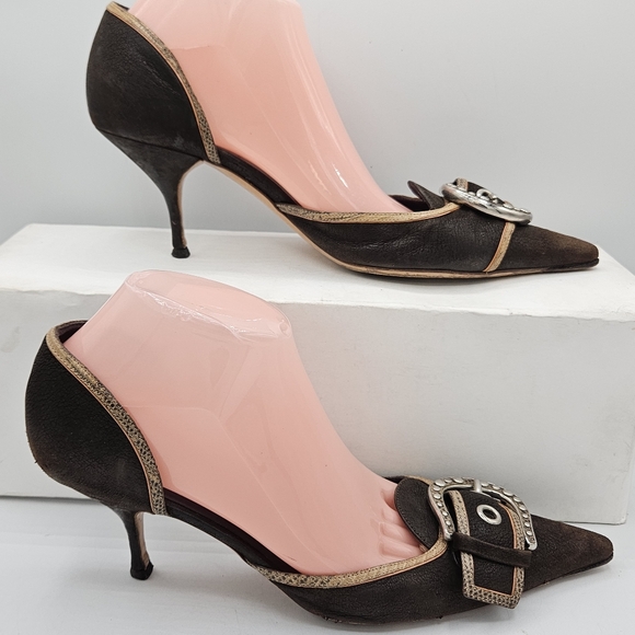 Prada Black & Gold Leather Buckle Pointed Toe High Heels size 39.5 / 9.5 - Picture 1 of 16